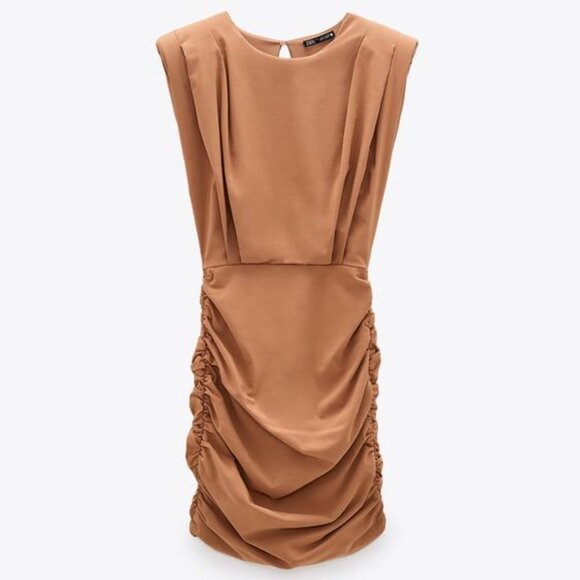 💞Price Drop💞 ZARA Camel Preppy Date Night Ruched Bodycon Mini Dress Small - Picture 1 of 5